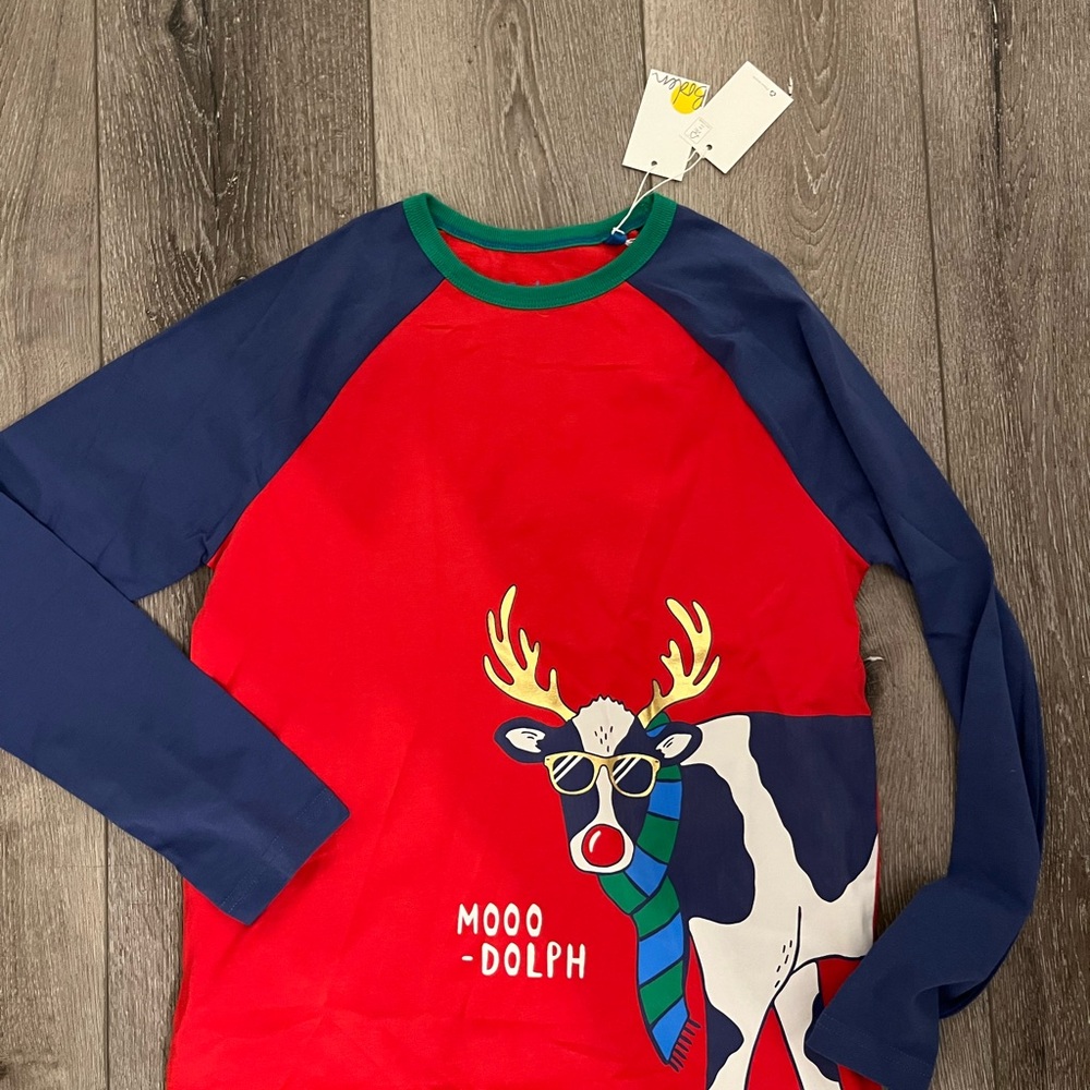 Mini Boden Festive Graphic Shirt Moo Dolph Cow Holiday Christmas 11-12 152cm